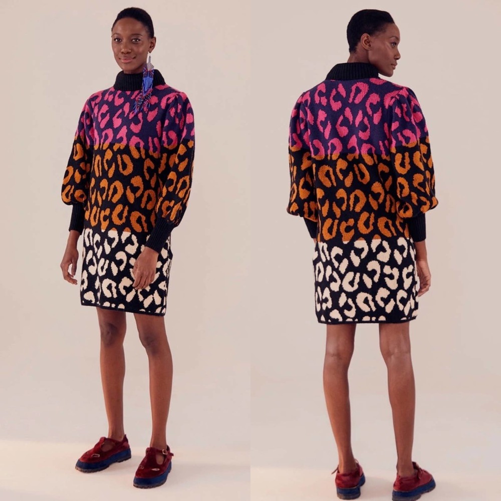 NWT Farm Rio Mixed Leopards Sweater Dress Ballon Sleeves Size Medium